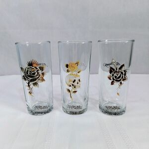 Ed Hardy Gold and Black Signature Skull & Rose Glass Set Of 3